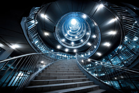 A high-contrast shot of a spiral staircase, captured from a low angle with a wide-angle lens, suggesting a journey into the unknownの写真素材