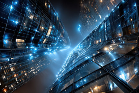 A futuristic cityscape at night, shot with a wide-angle lens, creating a sense of awe and wonderの写真素材