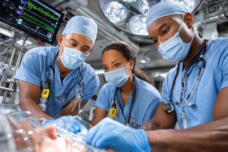 Medical team performing surgery on a patient in an operating roomの写真素材