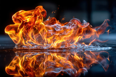 Flames and smoke rise above a reflective water surfaceの写真素材