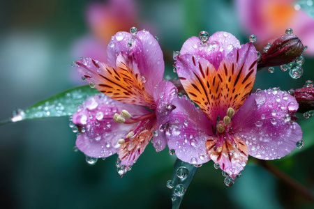 Closeup of pink and orange lily flowers with water dropletsの写真素材