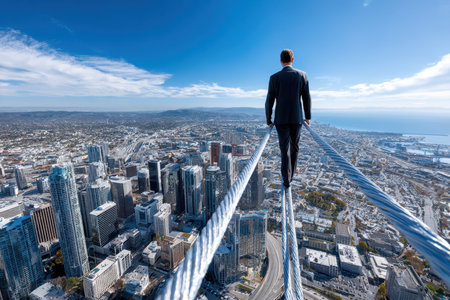 A person dressed in a suit balances on a tightrope, surrounded by a sprawling city landscape under a clear blue sky.の写真素材