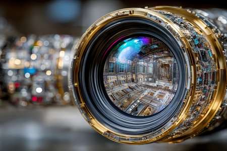 A close-up view reveals the complex design and details of a camera lens, highlighting its precision engineering.の写真素材