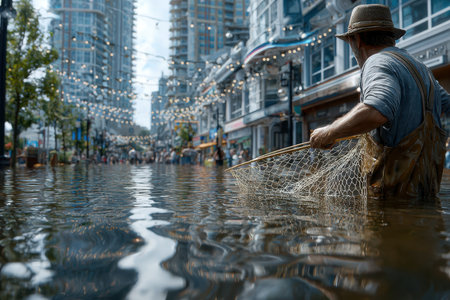 A man is fishing in a submerged street of a city, surrounded by tall buildings and decorative lights.の写真素材