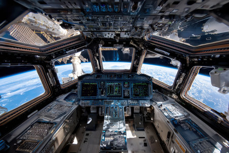 Astronauts observe breathtaking views of Earth while monitoring spacecraft controls in low Earth orbit.の写真素材