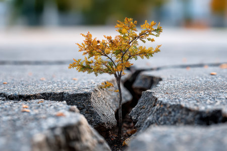 A small tree with orange and yellow leaves thrives amidst a cracked concrete surface, showing nature's resilience.の写真素材