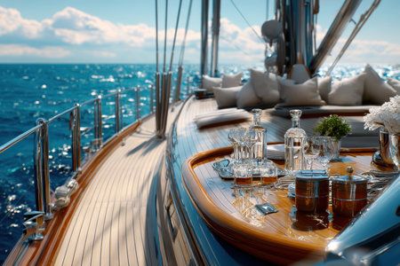 A yacht showcases fine dining elements and a breathtaking ocean backdrop under clear skies.の写真素材
