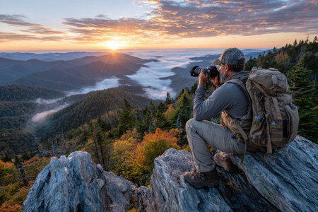 A photographer sits on a rocky ledge, capturing the sunrise above a misty valley surrounded by mountains.の写真素材