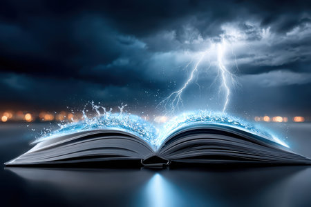 A book opens up, releasing splashes of water and bright lightning, set against a dramatic night sky.の写真素材