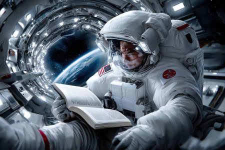 An astronaut in a white space suit reads a book inside a spacecraft, looking at Earth through a window.の写真素材