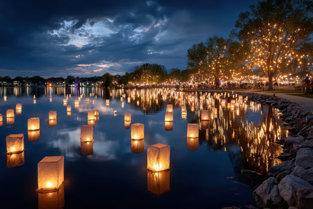 Lanterns drift on a calm lake as people gather to enjoy a beautiful evening of festive lights and community.の写真素材