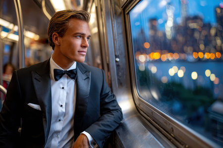 A well-dressed young man looks out the window of a train, admiring the city skyline at dusk while commuting.の写真素材