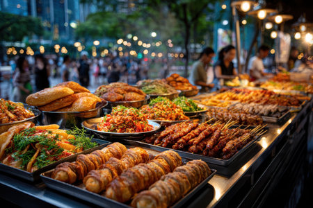 Various cooked foods on display at an outdoor street vendors stallの写真素材