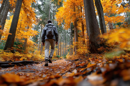 Hiker walks a forest path covered in autumn leavesの写真素材