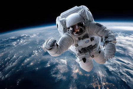 An astronaut floating in space, against the backdrop of a brightly lit Earth, captured with a telephoto lens, embodying human explorationの写真素材