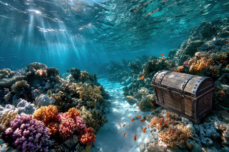A vibrant coral reef teeming with marine life, illustrating biodiversity, shot with an underwater camera, under natural sunlight, with a sunken treasure chest in the backgroundの写真素材