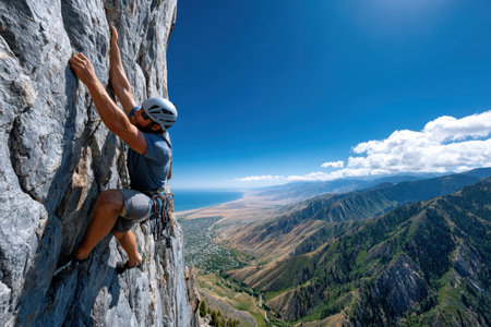 A climber scales a sheer cliff face overlooking a vast valley and distant coastlineの写真素材