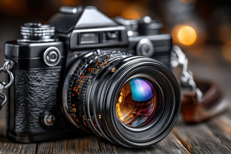 A close-up of a vintage camera, shot with a macro lens, evoking a sense of nostalgia and love for photographyの写真素材