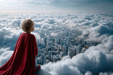 A young child wearing a vibrant red cape overlooks a bustling city skyline surrounded by fluffy clouds in daylight.の写真素材