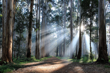 Soft rays of sunlight stream through tall eucalyptus trees, illuminating a tranquil forest path in the morning.の写真素材