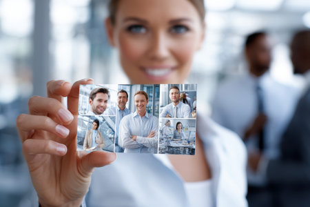 A confident woman holds a collage of portraits showcasing diverse professionals in a modern office.の写真素材