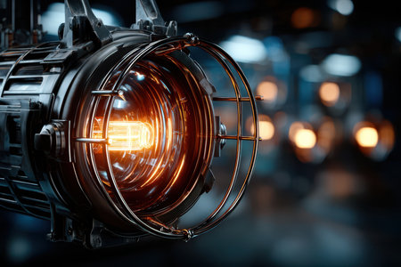 An industrial-style lamp features a glowing filament, highlighting craftsmanship in a dimly lit setting.の写真素材