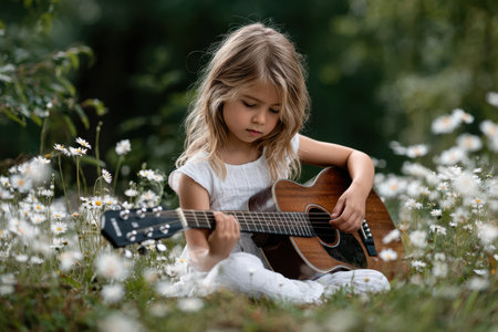 A little girl concentrates as she strums her guitar amidst blooming daisies in a serene meadow.の写真素材