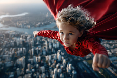 A young child wearing a red cape soars through the sky above a sprawling city as the sun sets in the background.の写真素材