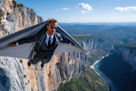 A man dressed in a suit and wingsuit soars over a breathtaking canyon on a clear day.の写真素材