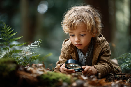 A curious child examines details of plants and insects with a magnifying glass while lying on the forest floor.の写真素材