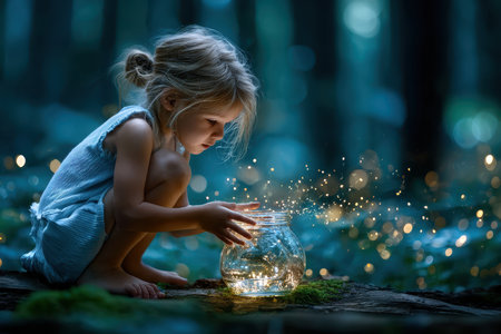 Young child kneels on a log in a beautiful forest while capturing glowing fireflies in a jar at dusk.の写真素材