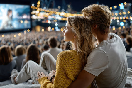 A couple enjoys an outdoor movie night, surrounded by a large crowd.の写真素材