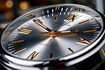 Closeup of a silver and gold watch face with roman numeralsの写真素材