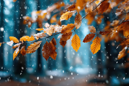 Golden brown leaves covered in snowflakes on a tree branch in a snowy forestの写真素材