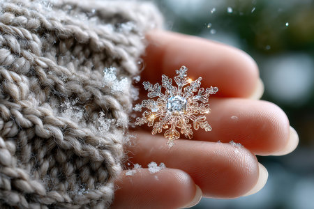 A delicate snowflake rests on fingertips covered by a knitted glove, capturing the intricate beauty of winter's frozen wondersの写真素材