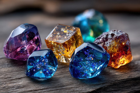 Colorful gemstones arranged on a dark wooden backgroundの写真素材
