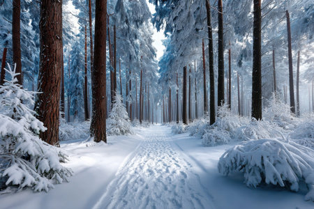A snowy path winds through a serene, snowcovered forest of tall treesの写真素材