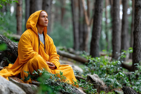 A monk meditates in a peaceful forest settingの写真素材