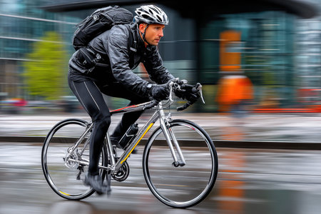 A cyclist rides through a city street with motion blurの写真素材