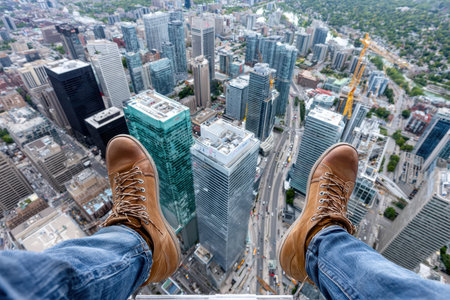 Feet in brown boots dangle over a bustling urban landscape filled with tall buildings and busy streets.の写真素材