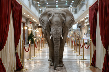 An elephant strolls down a shopping mall aisle, drawing attention from onlookers during an event.の写真素材