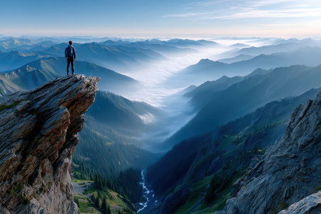 A lone adventurer stands on a cliff edge, looking out over a breathtaking mist-covered valley at sunrise.の写真素材
