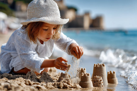 A young child constructs a detailed sandcastle by the shore, playing in the warm water on a sunny beach.の写真素材