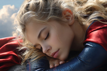 A girl dressed as a superhero relaxes with her eyes closed, enjoying serenity in nature at sunset.の写真素材