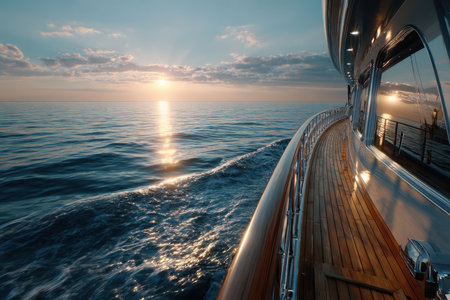 A luxury yacht glides through tranquil waters at sunset, reflecting golden light on the surface.の写真素材