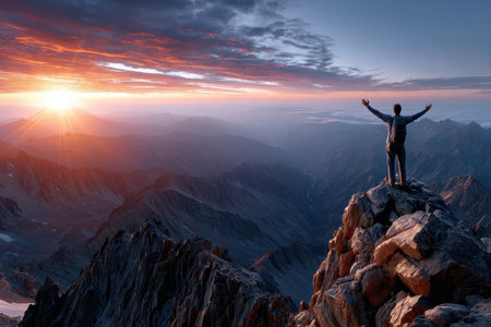 Hiker with backpack standing on a mountain peak at sunsetの写真素材