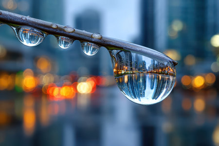 Closeup of dewdrops on a branch reflecting a blurred cityscapeの写真素材