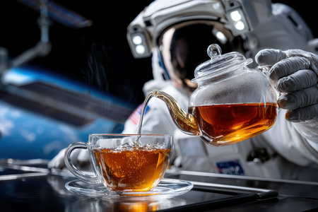 An astronaut pours tea from a teapot into a cup in a zero-gravity environment aboard the space station.の写真素材