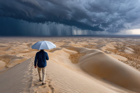A person strolls along sandy dunes as ominous storm clouds gather above, creating a dramatic atmosphere.の写真素材