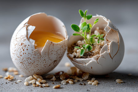 A small plant grows in a cracked eggshellの写真素材